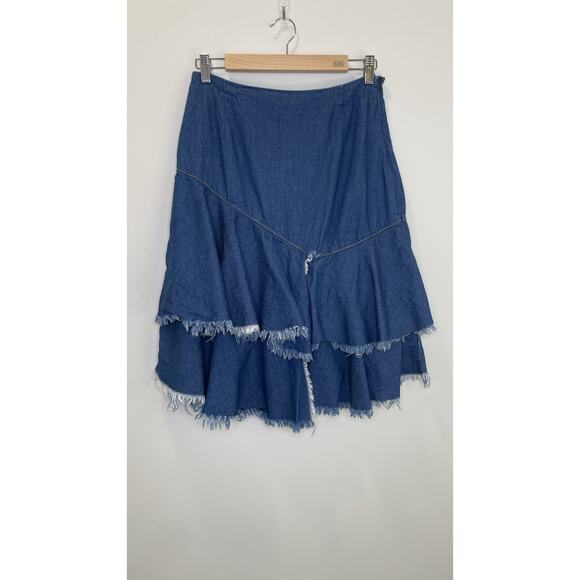 bp Dresses & Skirts - BP Y2K Skirt Ruffle Fringe Hem Western Denim Above Knee Cowgirl Boho Blue Size S
